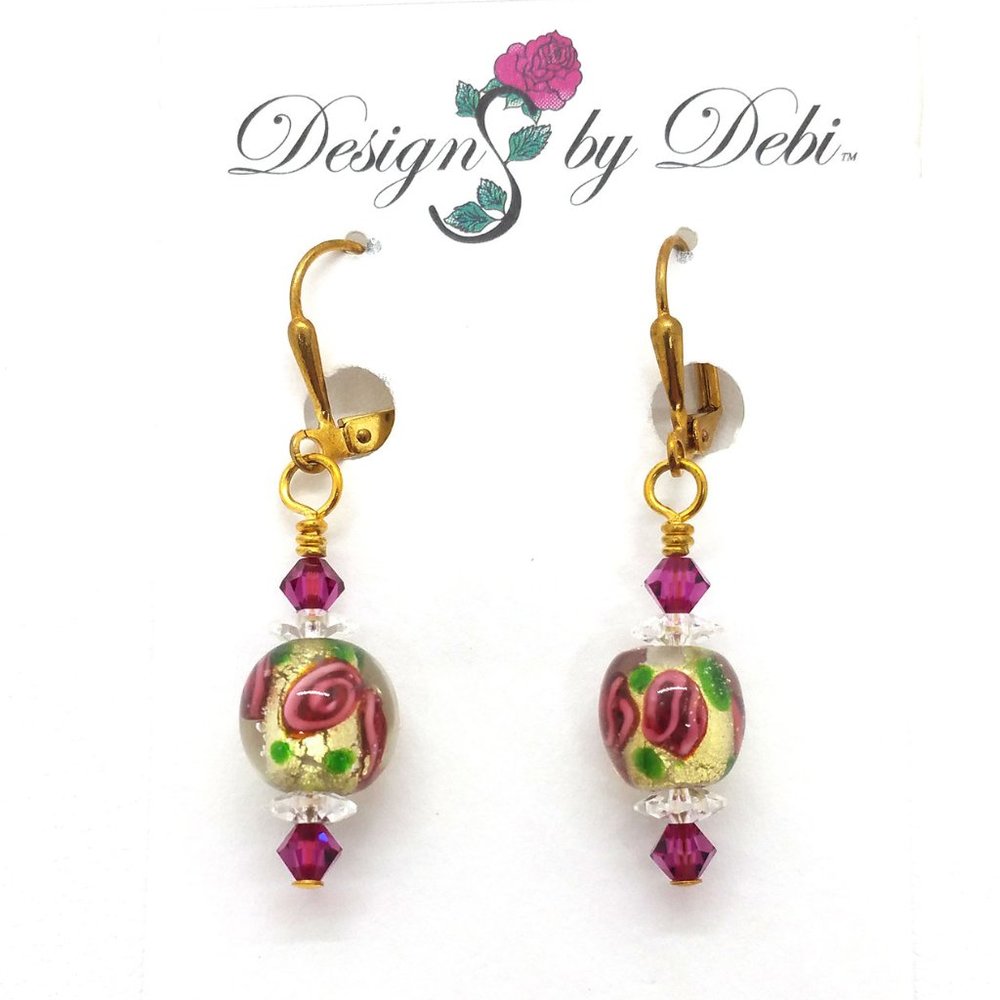 3/$25 Glass & Crystal Roses Gold Foil Earrings